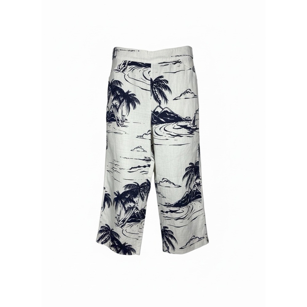 Chico's Linen Cropped Capri Pants White Palm Tree Print Pull On Size 2/US Large